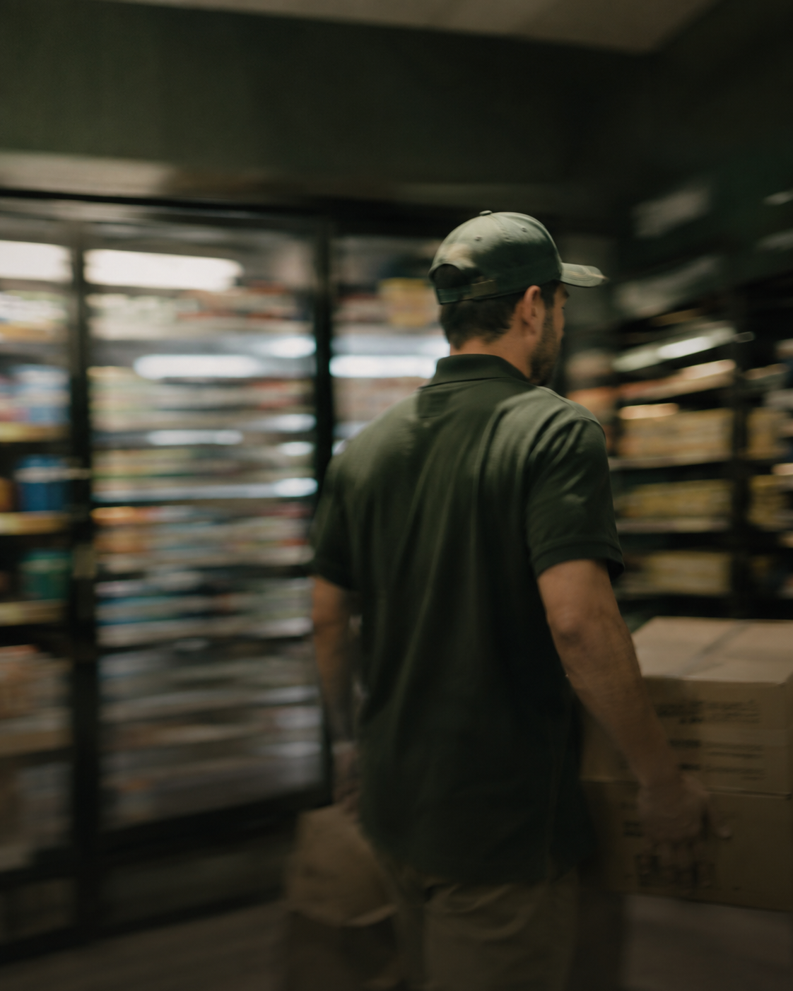 A store operator carrying cases past the cooler doors